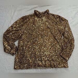 ANN TAYLOR Women's XL Gold Sequin Mock Neck Blouse